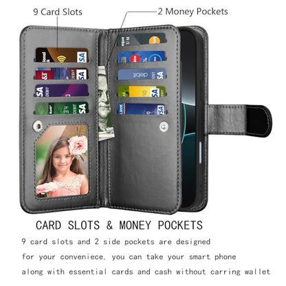 NJJEX Compatible with iPhone 17 Pro Wallet Case, 9 Card Slots, Black | PU leather folio flip, detachable magnetic phone cover, integrated kickstand, included lanyard - color: Black, size: iPhone 17 Pro