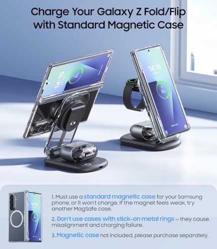Meifigno 3 in 1 Magnetic Wireless Charging Station for Samsung, Foldable MagSafe Charger Stand with Switchable Night Light for Galaxy S26/S25/Z Fold 7, Watch Charger for Galaxy Watch Ultra 8, for Buds