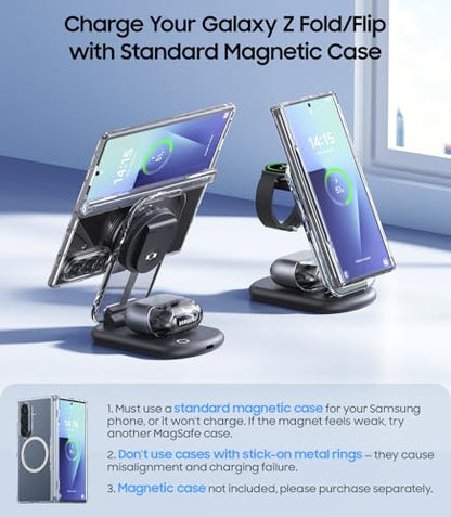 Meifigno 3 in 1 Magnetic Wireless Charging Station for Samsung, Foldable MagSafe Charger Stand with Switchable Night Light for Galaxy S26/S25/Z Fold 7, Watch Charger for Galaxy Watch Ultra 8, for Buds