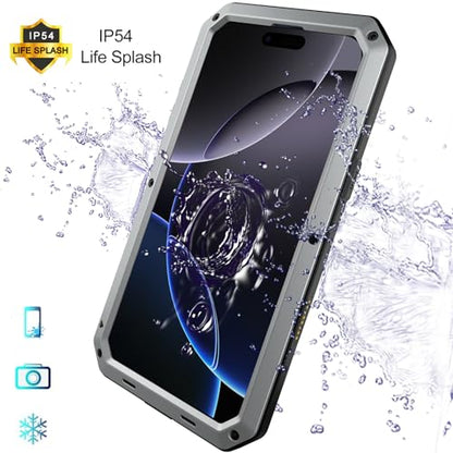 for iPhone 16 Metal Case 6.1",Heavy Duty Shockproof Aluminum Alloy [Tough Armour] Military Grade Phone Case,360 Full Body Protective Cover with Silicone Built-in Screen Protector (Silver) - color: Silver