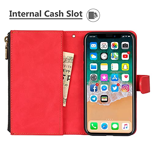 iCoverCase for iPhone X/XS Wallet Case with Card Holder and Wrist Strap, PU Leather Kickstand Card Slots Zipper Pocket Magnetic [Detachable] Flip Cover Case 5.8 Inch (Red) - color: Red