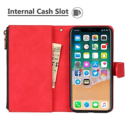 iCoverCase for iPhone X/XS Wallet Case with Card Holder and Wrist Strap, PU Leather Kickstand Card Slots Zipper Pocket Magnetic [Detachable] Flip Cover Case 5.8 Inch (Red) - color: Red