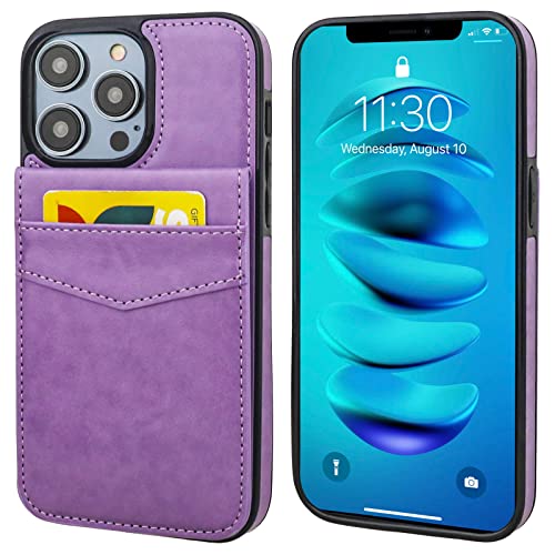 KIHUWEY for iPhone 14 Pro Max Wallet Case Card Holder Kickstand, Purple | Credit Card Slots, PU Leather, Magnetic Clasp, Flip Heavy Duty Protection Cover for Men and Women - color: Purple