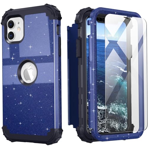 IDweel for iPhone 11 Case with Screen Protector for Men, Luxury Hybrid 3 in 1 Shockproof Slim Fit Heavy Duty Protection Hard PC Cover Soft Silicone Bumper Full Body Case,Glitter Blue Black - color: Glitter Blue Black