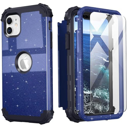 IDweel for iPhone 11 Case with Screen Protector for Men, Luxury Hybrid 3 in 1 Shockproof Slim Fit Heavy Duty Protection Hard PC Cover Soft Silicone Bumper Full Body Case,Glitter Blue Black - color: Glitter Blue Black