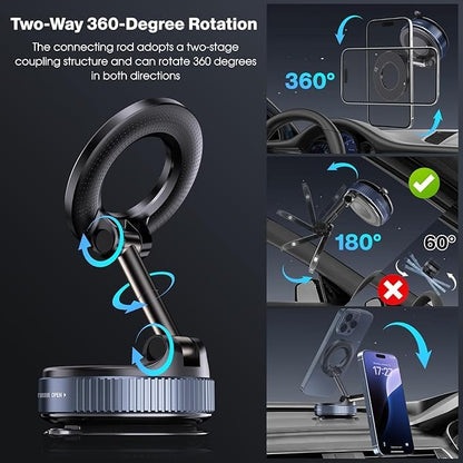 2026 Upgraded Magnetic Car Phone Mount — 70-Pound Ultra-Strong Vacuum Suction Cup, 360° Rotation, Suitable for Cars/Gyms/Mirrors/Smooth Surfaces, Compatible with iPhone, Android, and All Smartphones