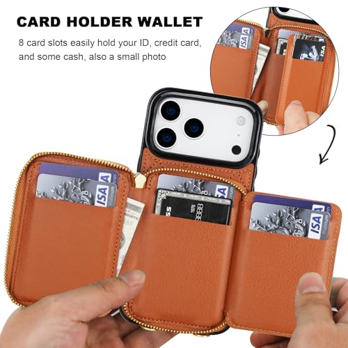 Bocasal Crossbody Wallet Case Card Holder for iPhone 17 Pro Max Brown | RFID Blocking PU Leather Zipper Handbag Purse, Kickstand Flip Folio Case with Card Slots Holder Wrist Strap Lanyard 6.9 Inch - color: Brown