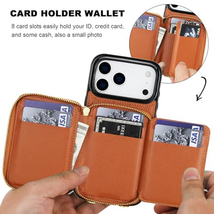 Bocasal Crossbody Wallet Case Card Holder for iPhone 17 Pro Max Brown | RFID Blocking PU Leather Zipper Handbag Purse, Kickstand Flip Folio Case with Card Slots Holder Wrist Strap Lanyard 6.9 Inch - color: Brown