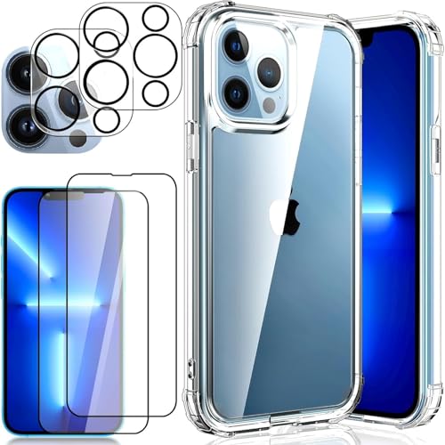5 in 1 Clear Case for iPhone 13 6.1-Inch, with 2 Screen Protector and 2 Camera Lens Protector, 9H Edge Protection Tempered Glass Film, Shockproof Drop Transparent Protection Cover - size: iPhone 13