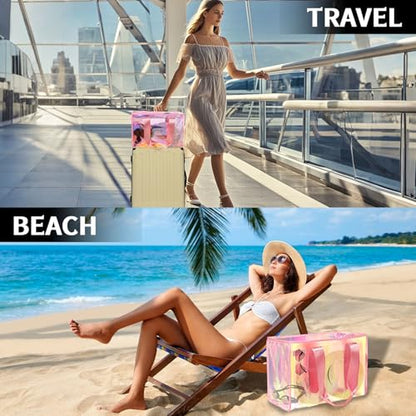 GolfFox Iridescent Beach Bag, 2Pack Jelly Beach Tote Bag with Phone Pouch | Large Beach Bag Waterproof Sandproof, Snap & Zipper Beach Tote ,Pink & Purple Clear Pool Swim Bag for Women, Beach Essentials - color: Purple & Pink Iridescent