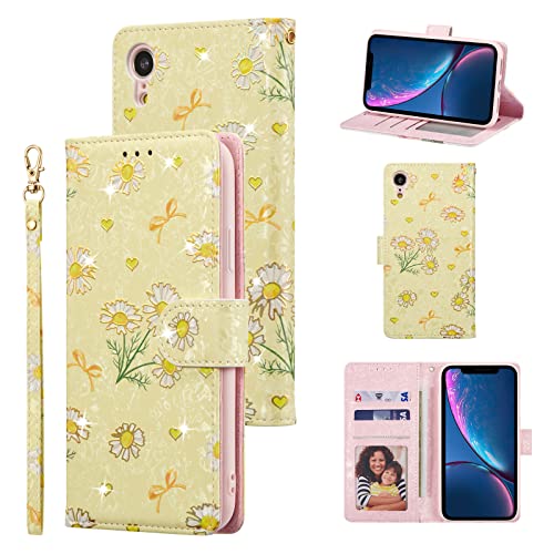 UEEBAI Wallet Case for iPhone XR, PU Leather Phone Case Kickstand RFID Blocking Flip Case with Card Slots Wrist Strap Relief Engraved Pattern Magnetic Closure Folio Case - Yellow Daisy - color: Yellow Daisy