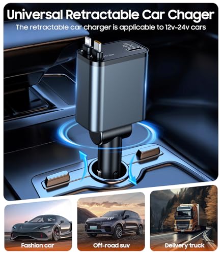Temdan Retractable Car Charger,75W Fast Charger USB C Car Truck Accessories - color: Grey/C+L