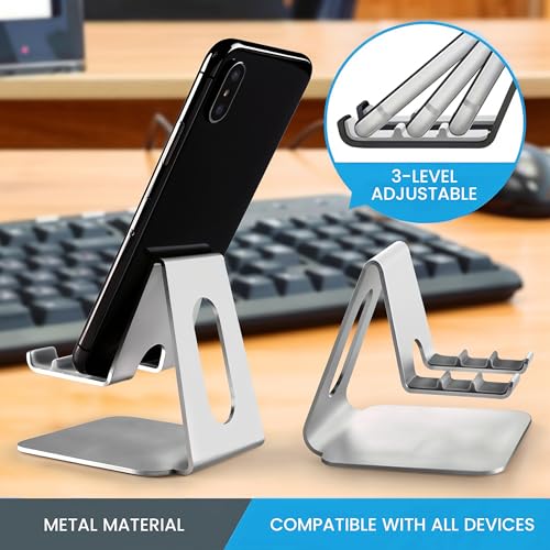 Phone Stand for Desk | 3 Position Adjustable Metal Smartphone Stand | Silver Cellphone Holder for Desk | Universal Phone Mount for Desks Compatible with Smarphones, Android | Cell Phone Accessories - style: N
