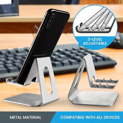 Phone Stand for Desk | 3 Position Adjustable Metal Smartphone Stand | Silver Cellphone Holder for Desk | Universal Phone Mount for Desks Compatible with Smarphones, Android | Cell Phone Accessories - style: N