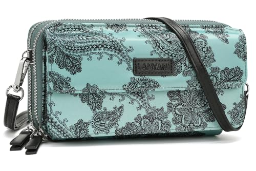 RFID Crossbody Wallet Wristlet Purse with Phone Pocket For Women Vegan Leather - color: Zi-paisley Qurquoise