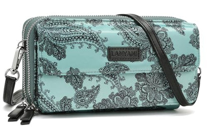 RFID Crossbody Wallet Wristlet Purse with Phone Pocket For Women Vegan Leather - color: Zi-paisley Qurquoise