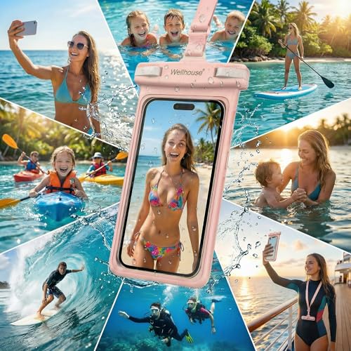 wellhouse 3D Waterproof Phone Pouch with Lanyard,Premium TPU100FT Deep Waterproof Phone Case for iPhone 17 16 15 14 13 12 Pro Max XS Samsung,Snorkeling, Surfing, Kayaking,Skiing,Hot Springs - color: 1 Pack - Pink7.0"