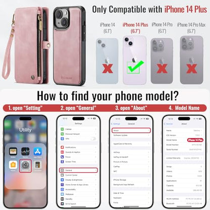 Defencase for iPhone 14 Plus Case Wallet Compatible with Magsafe, Rose Pink | Drop-Proof Magnetic Detachable Phone Cases Cover, with RFID Bolcking Card Holder, Zipper Strap, PU Leather, Removable Wallet - color: (Detachable with Magsafe)-Pink