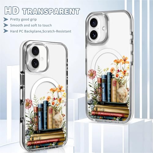 Magnetic Case for iPhone 15 Plus iPhone 14 Plus Design On Clear Base, Compatible with MagSafe, Slim Protective Soft TPU Bumper Phone Cover Women Girls Case -Clear Book Lover Flower - color: Clear Book Lover Flower, size: iPhone 15 Plus iPhone 14 Plus