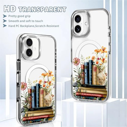 Magnetic Case for iPhone 15 Plus iPhone 14 Plus Design On Clear Base, Compatible with MagSafe, Slim Protective Soft TPU Bumper Phone Cover Women Girls Case -Clear Book Lover Flower - color: Clear Book Lover Flower, size: iPhone 15 Plus iPhone 14 Plus