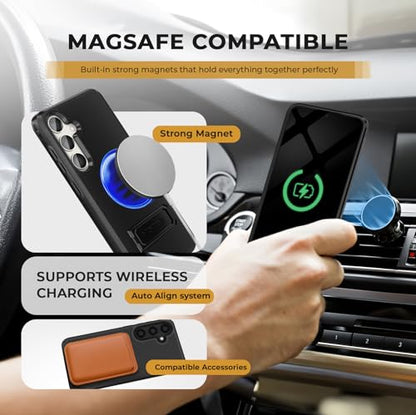MOTIVE for Samsung Galaxy S25 Case with Belt Clip and Stand | 6.2" | Case & Holster, MagSafe compatible, built-in Kickstand Horizontal, 360° rotating belt clip, slim low-profile fit - size: s25