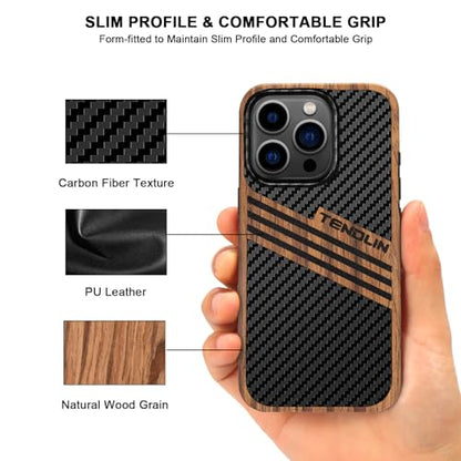 TENDLIN Compatible with iPhone 15 Pro Case Wood Grain with Carbon Fiber Texture Design Leather Hybrid Slim Case (Three Stripe) - color: Three Stripe, size: iPhone 15 Pro
