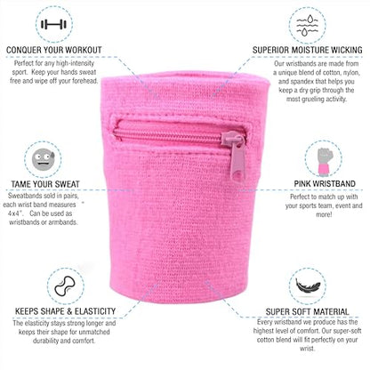 Suddora Zipper Wrist Pouch - Sweatband/Wristband Wallet for Keys, ID, Cards, Cash - color: Pink