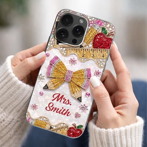 Mrs. Pencil Bow and Red Apple 3D Rhinestone - Personalized Clear Phone Case Teacher Appreciation Gift Tech Accessories