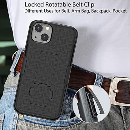 for iPhone 13/14 Case Belt Clip, Holster Screen Protector-Black | Swivel Stand Holder, Slim Shell Slide Pouch Full Body Drop Protective, Rugged Heavy Duty Shockproof Outdoor Cell Phone Cover - size: iPhone 13