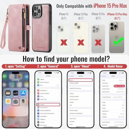 Defencase for iPhone 15 Pro Max Case Wallet Compatible with Magsafe, Pink | Drop-Proof Magnetic Detachable Phone Cases Cover, with RFID Bolcking Card Holder, Zipper Strap, PU Leather, Removable Wallet - color: (Detachable with Magsafe)-Pink