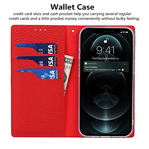 iCoverCase Compatible with iPhone 13 Pro Wallet Case, RFID Blocking Genuine Leather Magnetic Case with Wrist Strap and Card Slots Kickstand Feature Flip Cover 6.1 Inch (Red) - color: Red, size: iPhone 13 Pro
