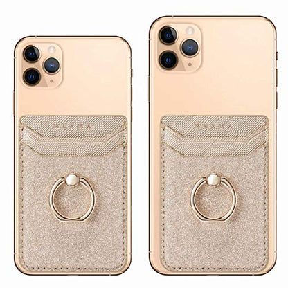 Card Holder Sleeve with Kickstand Ring for Women, 2 Pieces RFID Credit Wallet Glitter Stick On Back Grip for iPhone Samsung Smartphone - Pink + Gold - color: Pink + Gold