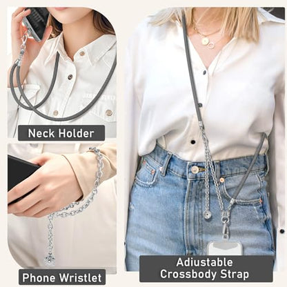 ROCONTRIP 2 In 1 Cell Phone Lanyard Crossbody Chain And Phone Wrist Strap Set Adjustable Phone Lanyard Chain Fit iPhone 16 With Metal Phone Tether Tab Detachable And Neck Strap - color: Darkgrey+silver