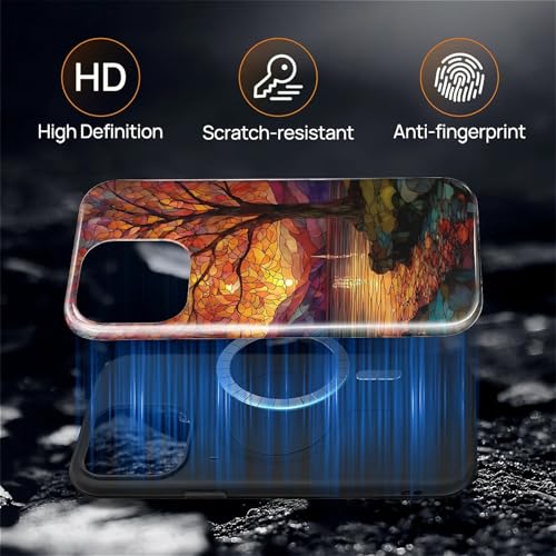 Magnetic Phone Case for iPhone 14 Pro Max,Compatible with MagSafe,Durable 2 Layers Full Covered Shockproof Protective Cover-Stained Glass Sunrise Fall Leaves - color: Stained Glass Sunrise Fall Leaves, size: iPhone 14 Pro Max