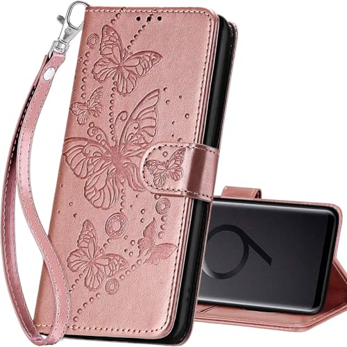for Samsung Galaxy S9 Plus Wallet case, Rose Gold-Butterfly | 3 Card Holders, Kickstand, Shockproof TPU Shell, PU Leather, Magnetic Closure, Protective Flip Folio Cover, Women - color: 6