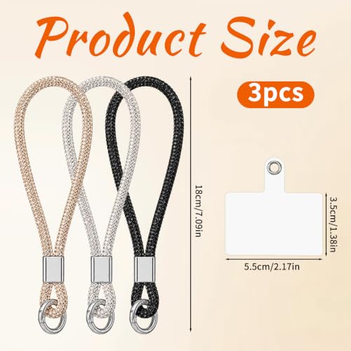 3 Pcs Rhinestone Cell Phone Wrist Strap, Bling Diamond Phone Wrist Lanyard with Tether Tab and Pad Glitter Keychain Wristlet for Women (Black Silver Champagne)