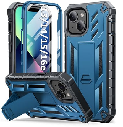 SOiOS for iPhone 13/14/15 Phone Case with Built-in Screen Protector Blue | with Kickstand, 20FT Military-Grade Drop Shockproof Protection, Durable Matte Textured, Rugged Heavy Duty iPhone 16e Cover - color: Blue