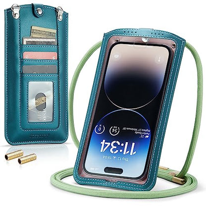 Small Crossbody Bag Cell Phone Purse for Women Men Leather Mini Shoulder Bag Wallet Case with Card Holder Slot Necklace Lanyard for All phones iPhone Samsung Google up to 7.3" Green - color: Green