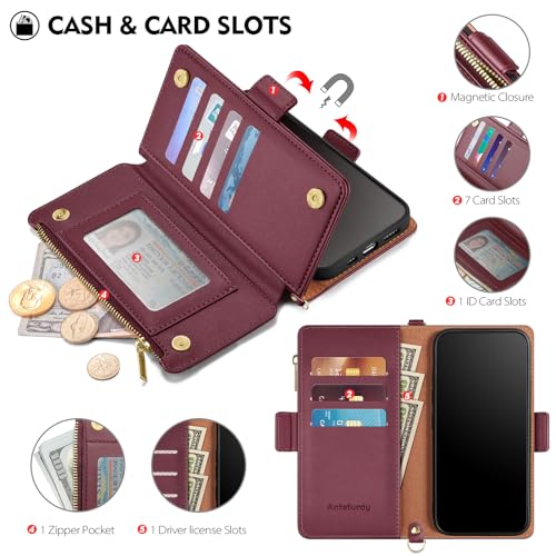 Antsturdy Crossbody Phone Wallet Case for iPhone 14 Plus,Wine Red | RFID Blocking,PU Leather Flip Cover,Kickstand,with Credit Card Holder,Wrist Strap Lanyard & Handbag Purse,for Women & Men - color: (Crossbody) - Wine Red