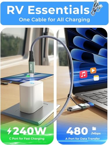 AINOPE 10 FT USB C Cable Fast Charging, 240W USB-C Charge Cable with Adapter, Fast Charger USB C Cable Supports 100W, Right Angle USB C Fit MacBook Pro/Air, iPad Pro/Air, iPhone 17/16/15, 10FT Grey - color: Grey, size: 10FT