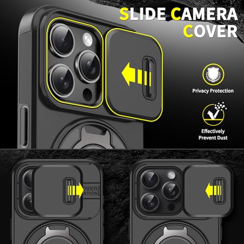 Rugged Shockproof Case for iPhone 17 Pro Max, Heavy Duty Protective Phone Case with Slide Camera Cover, 360° Rotatable Ring Stand & Magnetic Car Mount Compatible (Black,iPhone 17 Pro Max) - color: Black