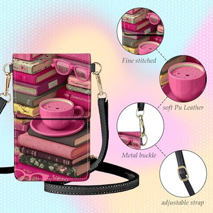 Small Crossbody Bags for Women Touchscreen Cell Phone Bag Cross Body Purses with adjustable Strap,Gifts For Teenage Girls - color: Pink Books & Coffee