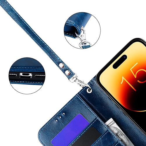 Bocasal Detachable Wallet Case Card Holder for iPhone 15 Pro Max Blue | RFID Blocking Kickstand Card Slots Holder PU Leather Magnetic Shockproof Wrist Strap Removable Flip Protective Cover 6.7 inch - color: Blue