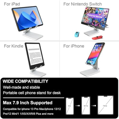 POQOD Foldable Cell Phone Stand for Desk, Fully Adjustable Phone Holder for Desk Compatible with iPhone 16 15 14 13 12 11, Nintendo Switch, All Phones, (White) - color: White Foldable