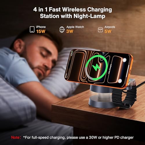 iVANKY 3 in 1 Mag-Safe Charger Stand, 15W Fast Magnetic Wireless Charging Station with Night Light for iPhone 18 Pro/Pro Max 17e 17 16 15 14 13, Apple Watch, AirPods 4/3/2/Pro(No AC Adapter) - size: No Adapter