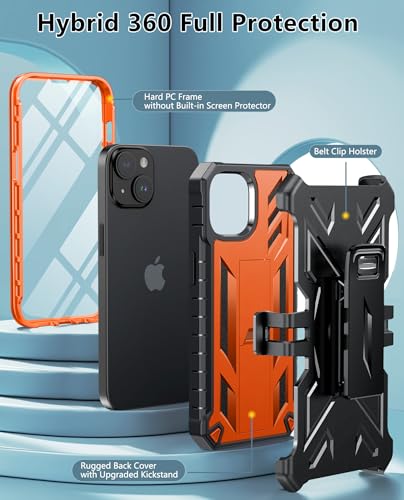 FNTCASE for iPhone 14/13 Case : with Belt-Clip Holster & Kickstand - Heavy Duty Military Grade Protection Cover Shockproof TPU Phone Shell Durable Rugged Full Protective Phonecase - 6.1 inch Orange | Rugged Kickstand, Military-Grade Drop Protection, Full