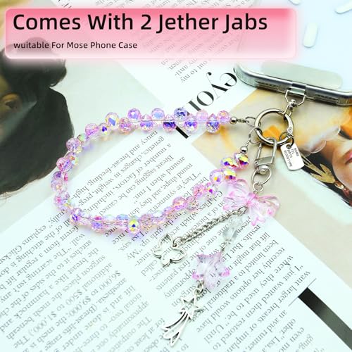 Crystal Beaded Phone Wrist Strap, Cute Cellphone Lanyard Chain, Bow Keychain Wristlet Bag Charms for Women - color: Pink