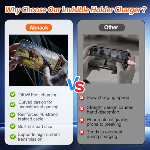 2PCS Sideways Phone Charger with 5PCS Silicone Cable Ties, 240W Invisible Stand Charging Cable with 360° Adjustable Metal Stand，Fast Charging Cord with Built-in Phone Stand for Smartphones Tablets