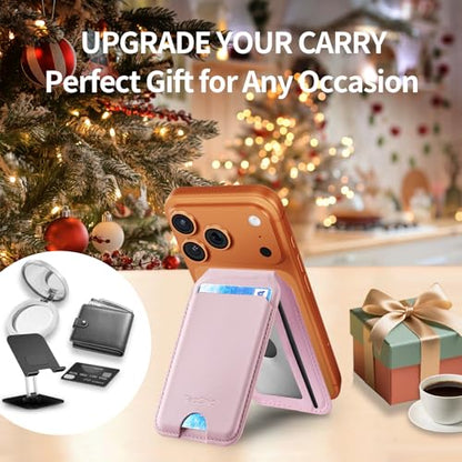 Magnetic Phone Wallet Stand for iPhone,4-Card Holder with RFID Blocking,6X Stronger Magnet,0.28in Slim Vegan Leather,Built-in Mirror &180° Stand for iPhone 17/16/15/14/13/12 Series(Pink) - color: Pink