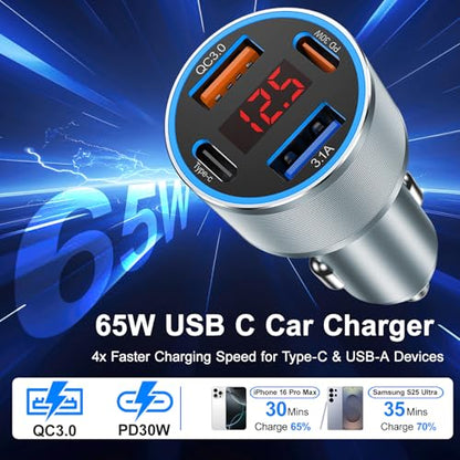 iPhone USB C Car Charger, Avatcen 65W 4-Port Voltmeter Car Charger Adapter - color: Gray